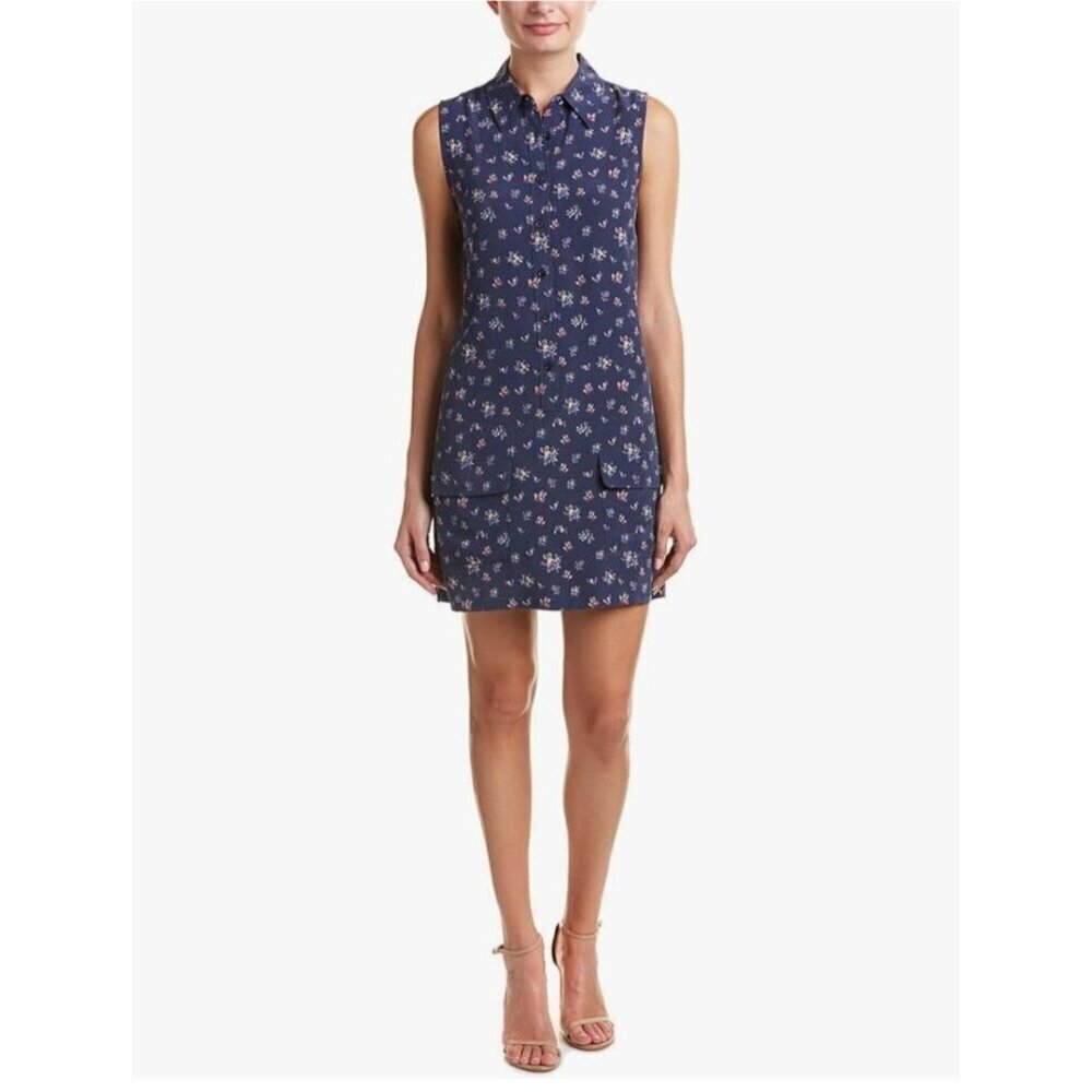 Equipment Femme Lucida Silk Floral Sleeveless Dress Pockets Navy Blue Size M